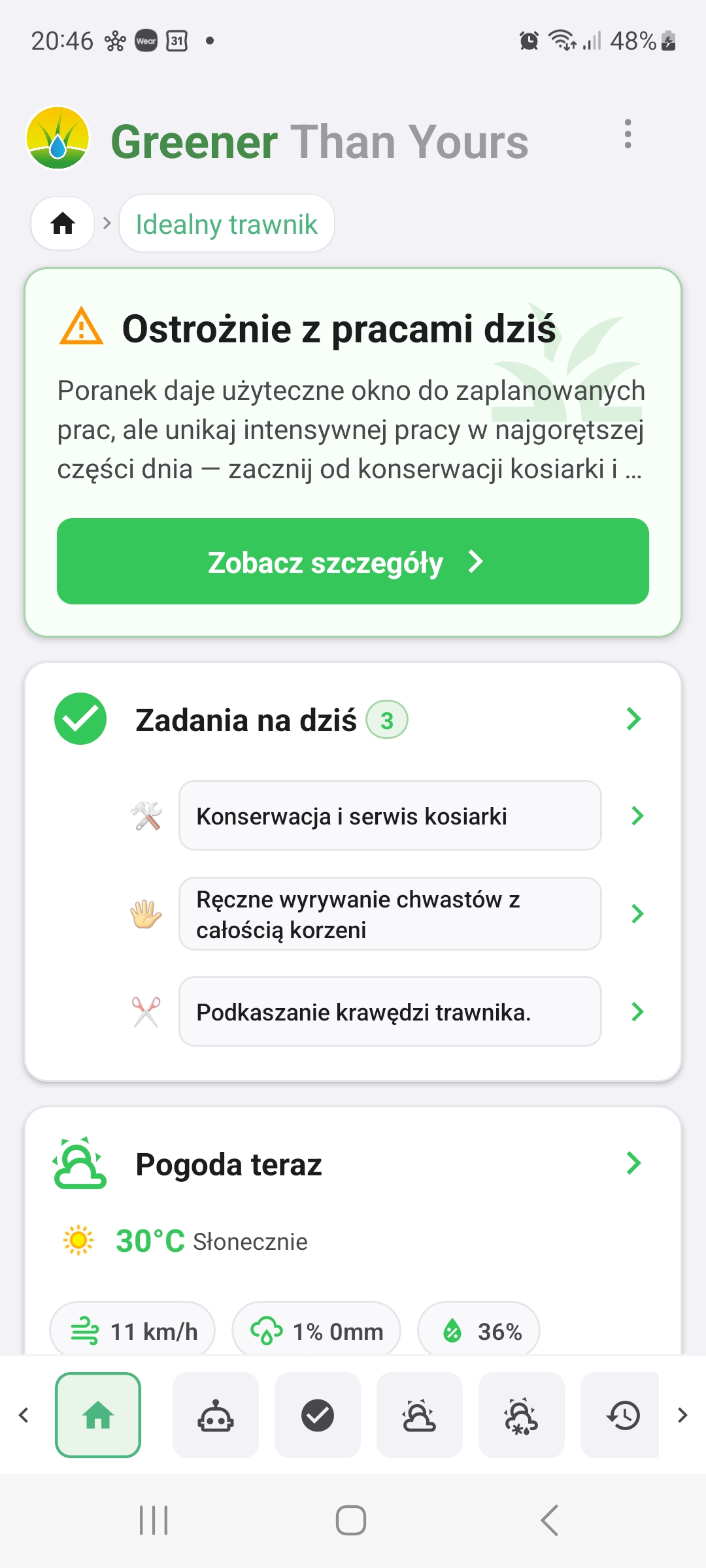 Ekran aplikacji Greener Than Yours z zadaniami i pogodą